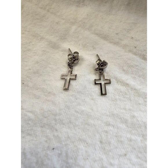 Tiny Short Dangle Outlined Silver Toned Earrings Cross Christian Casual Cute - Picture 8 of 9